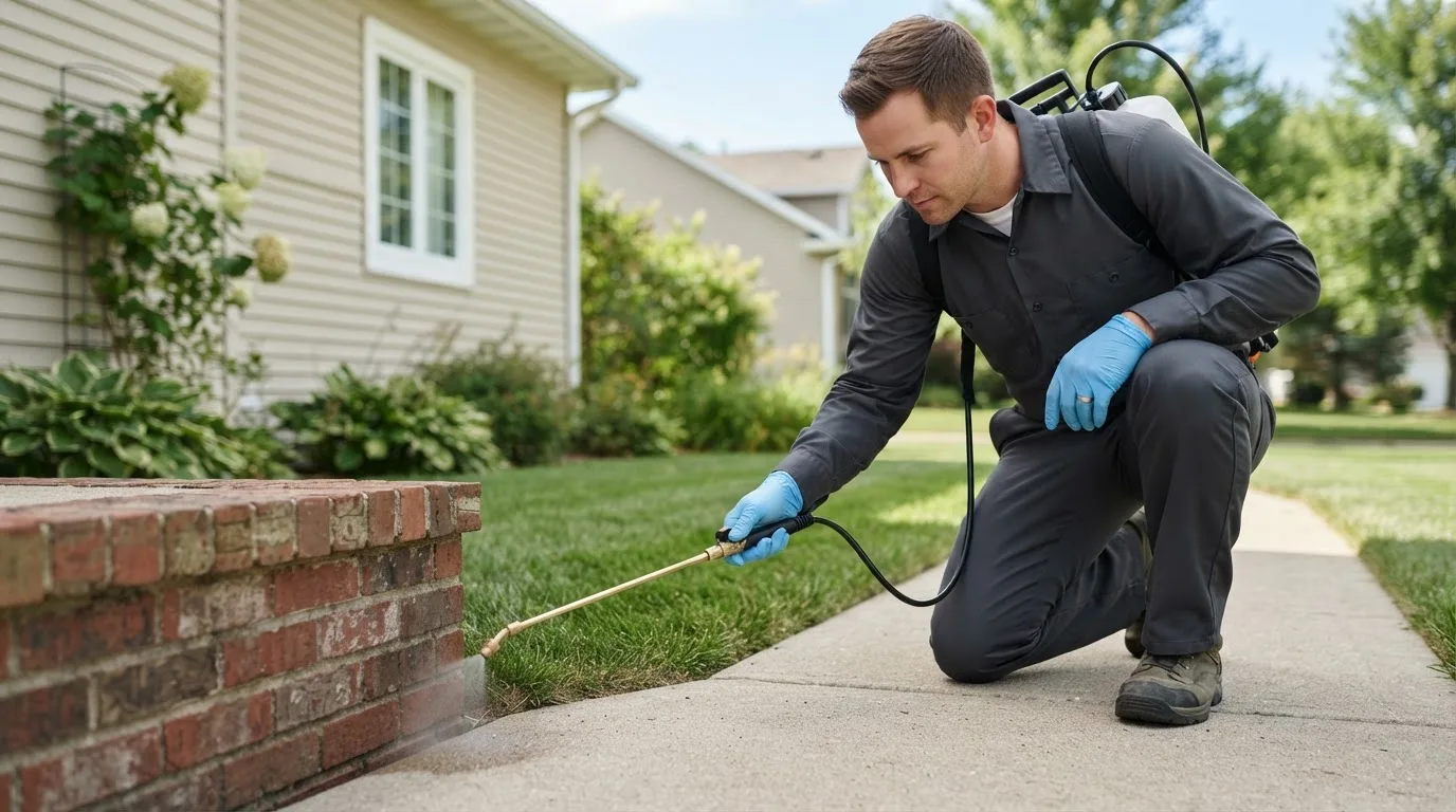 Pest control technician treating a home near Jud, ND