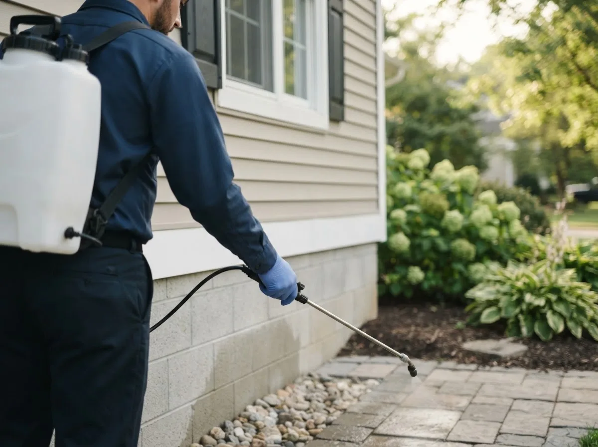 Pest control technician inspecting a home in Jud, ND